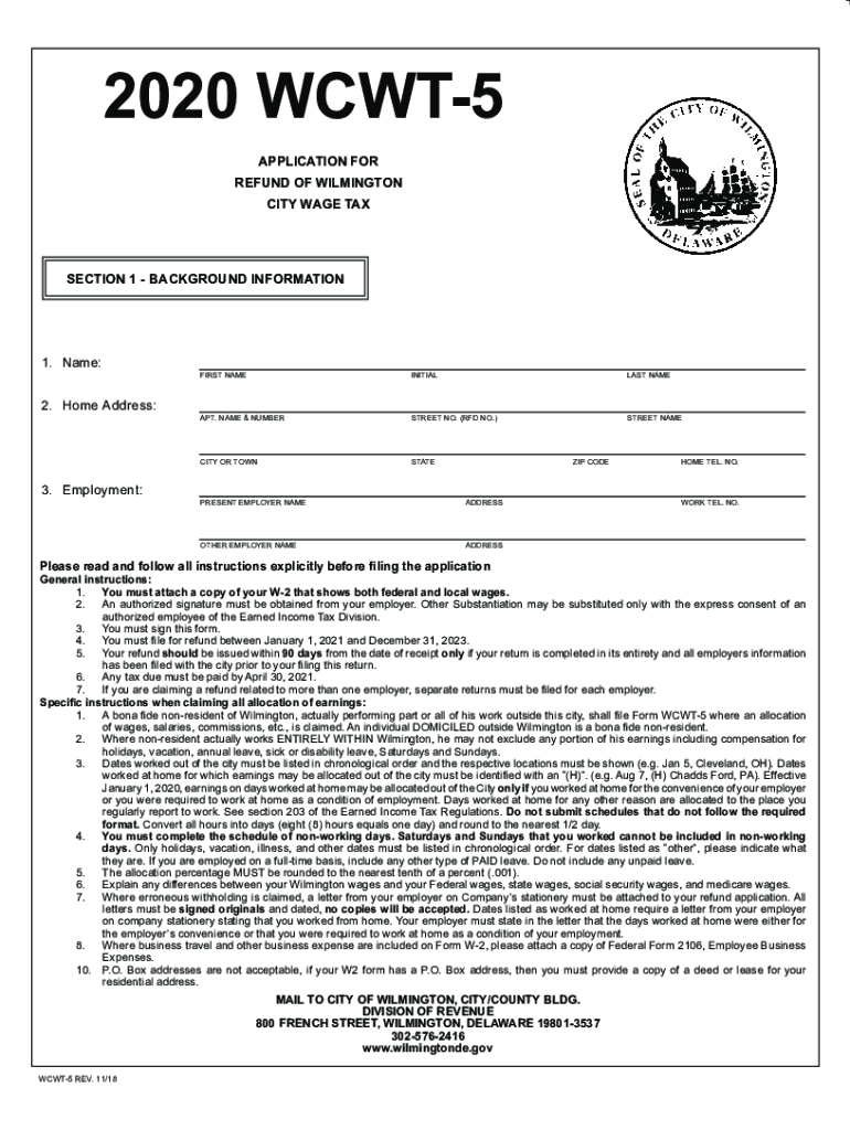  WCWT 5 City Wage Tax Form WCWT 5 City Wage Tax Form 2020