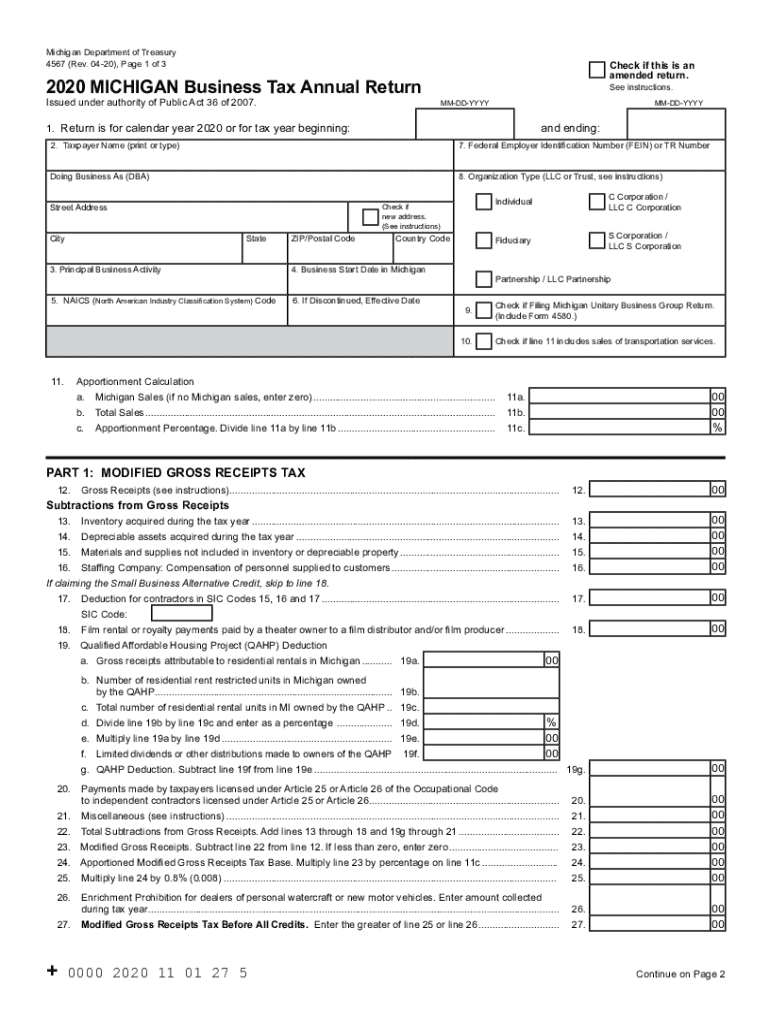  MICHIGAN Business Tax Annual Return MICHIGAN Business Tax Annual Return 2020