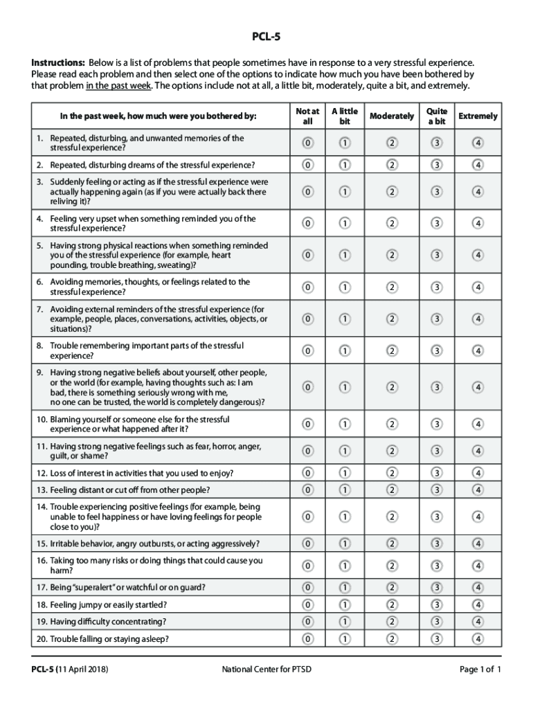 PTSD Checklist for DSM 5 PCL 5 Fillable Form