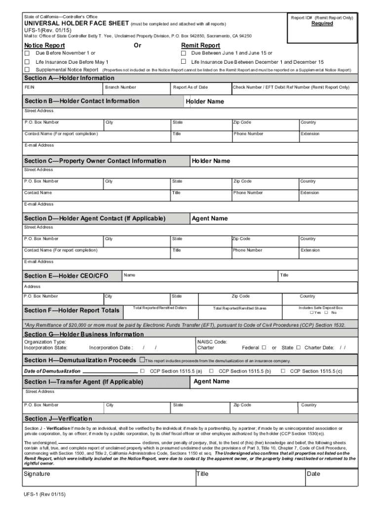 Universal Holder Face Sheet  Form