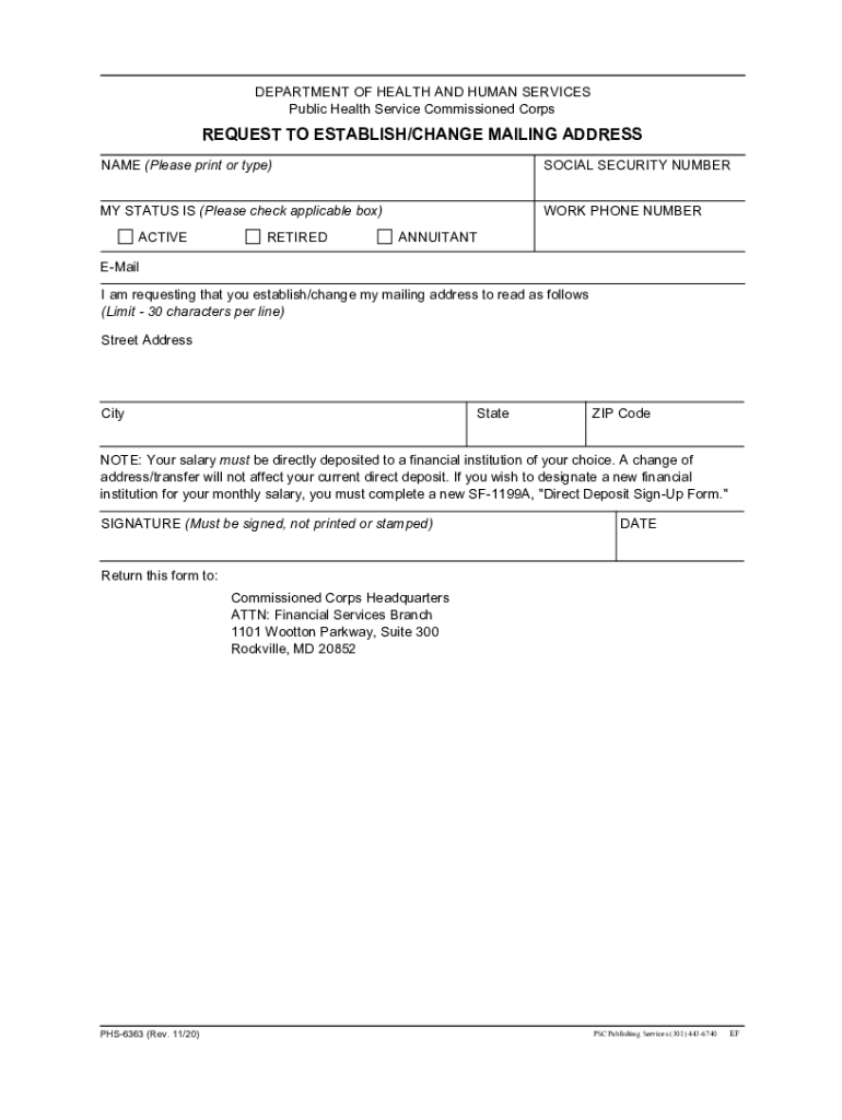 FORM PHS 6363 Request to EstablishChange Mailing Address