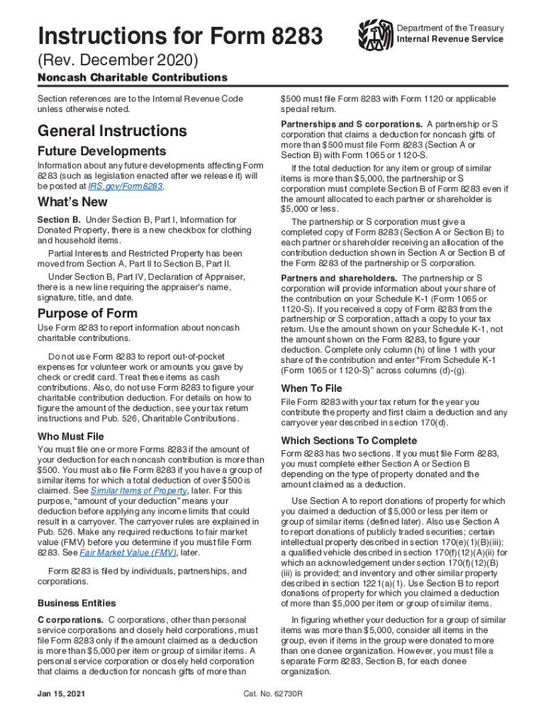  Instructions for Form 8283 Rev December Instructions for Form 8283, Noncash Charitable Contributions 2020