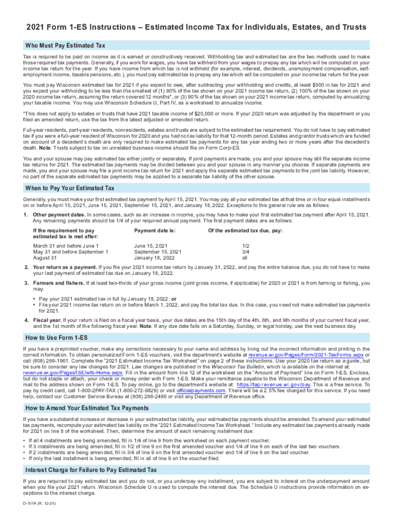 D 101a Form 1 ES Instructions Estimated Income Tax for