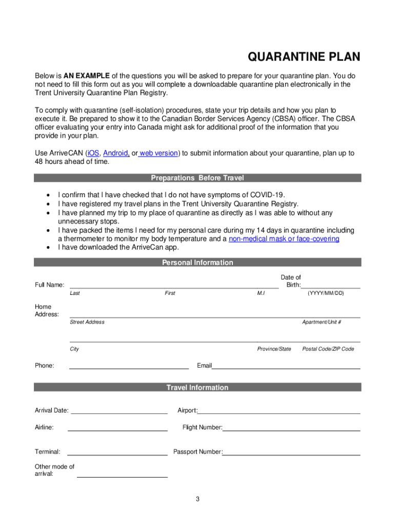 Quarantine Plan Canada Sample PDF  Form