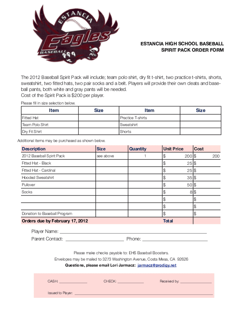 EHS Baseball Spirit Pak Order Form