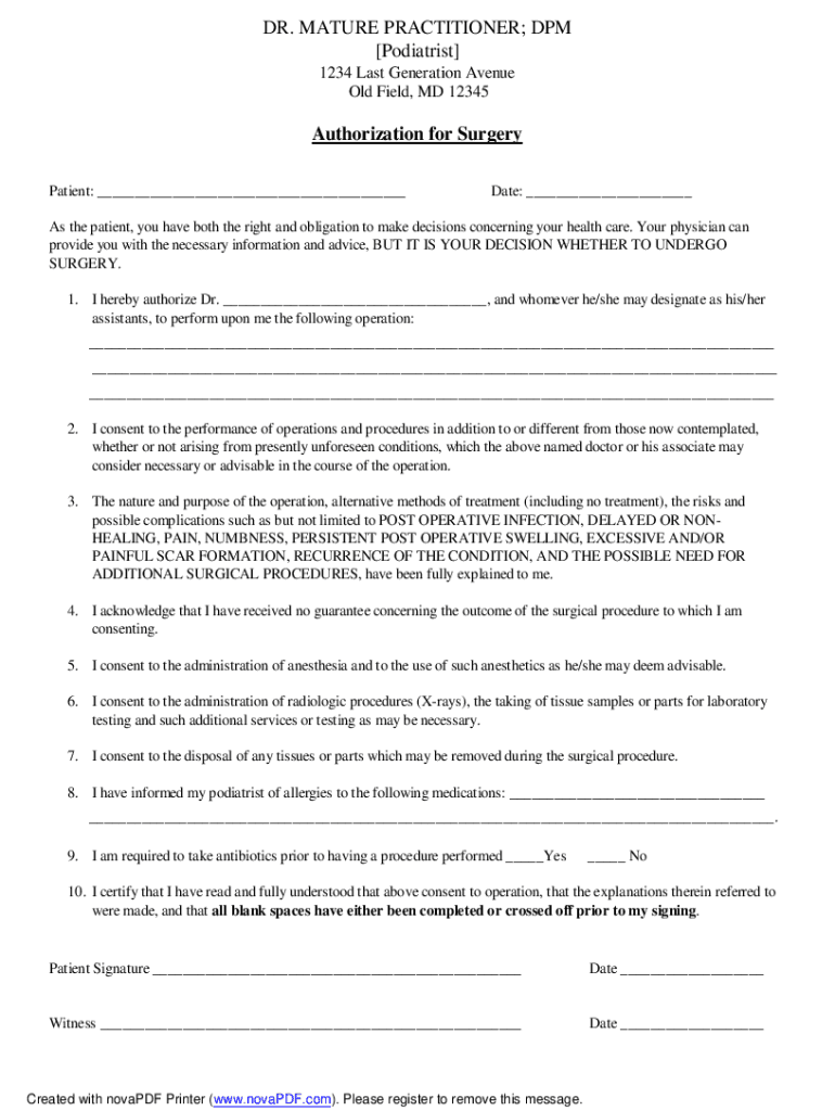 Nail Surgery Consent Form