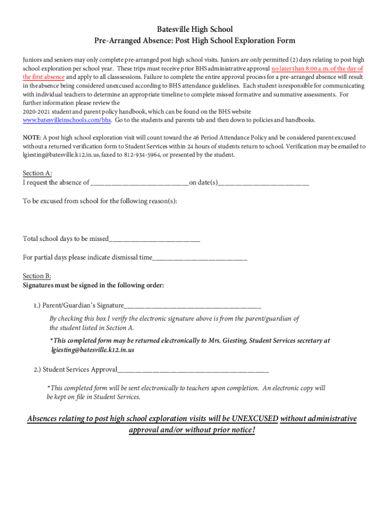  Pre Arranged Absence Post High School Exploration Form 2020-2024