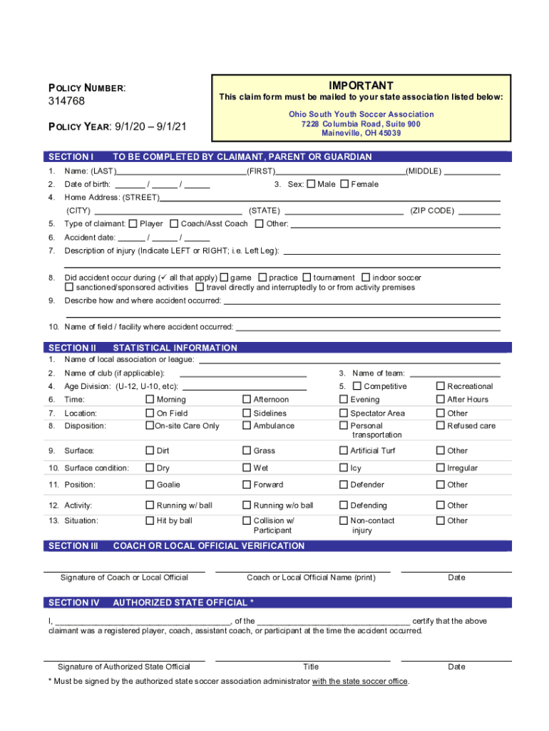  OHIO SOUTH YOUTH SOCCER ASSOCIATION ACCIDENT MEDICAL CLAIM 2020-2024