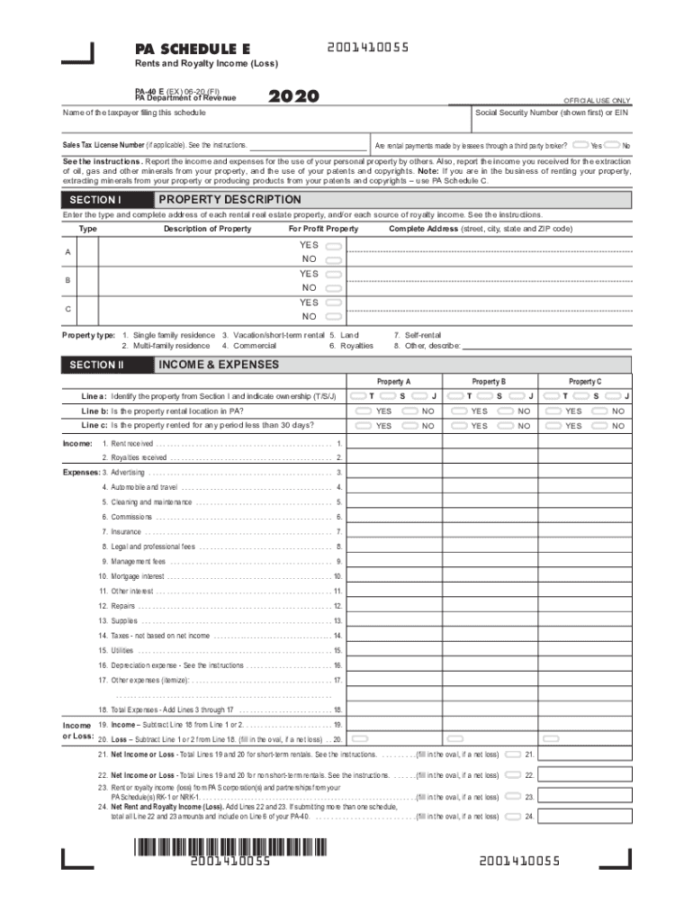  PA Schedule E Rents and Royalty Income Loss PA 40 E FormsPublications 2020