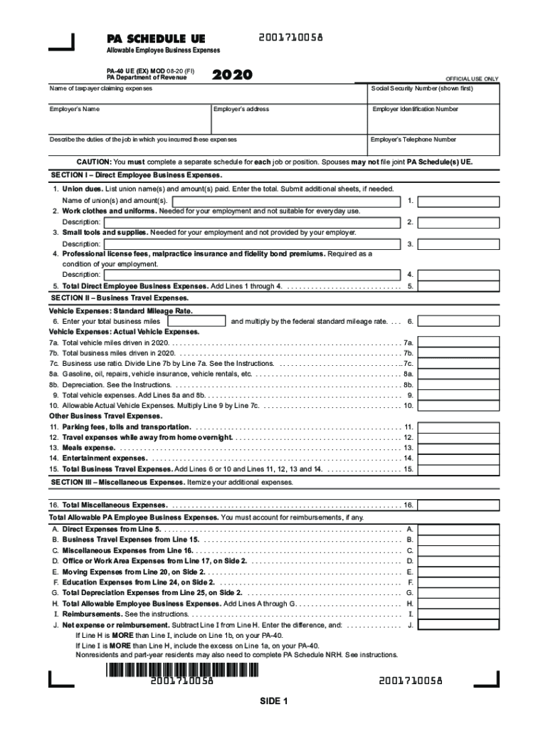  PA Schedule UE Allowable Employee Business Expenses PA 40 UE FormsPublications 2019