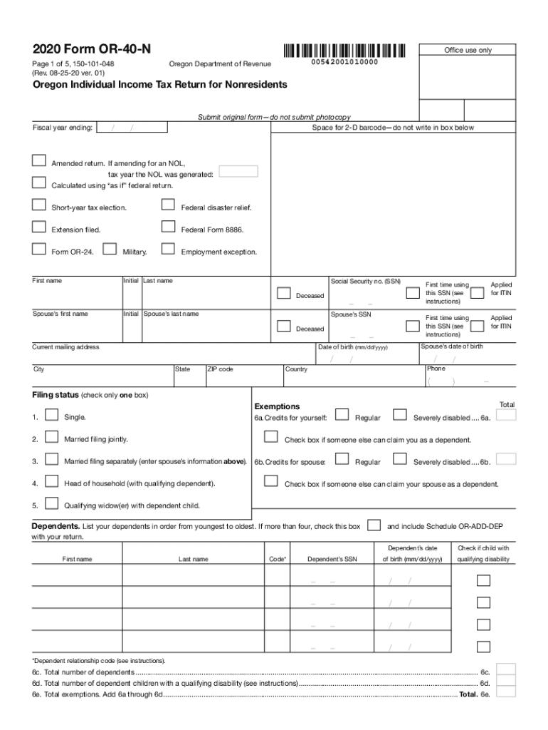  Form or 40 N, Oregon Individual Income Tax Return for 2020