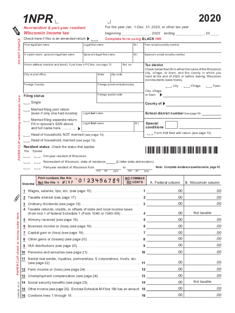  I 050 Form 1NPR, Nonresident & Part Year Resident Wisconsin Income Tax Fillable 2020
