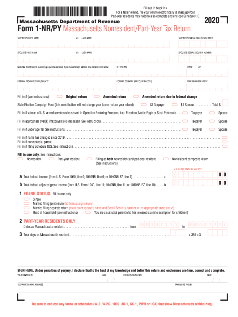 Get and Sign Form 1 NRPY Massachusetts NonresidentPart Year Tax Return 2020