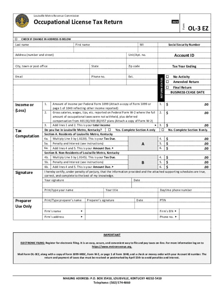  KY DoR OL 3EZ Louisville Fill Out Tax Template 2020