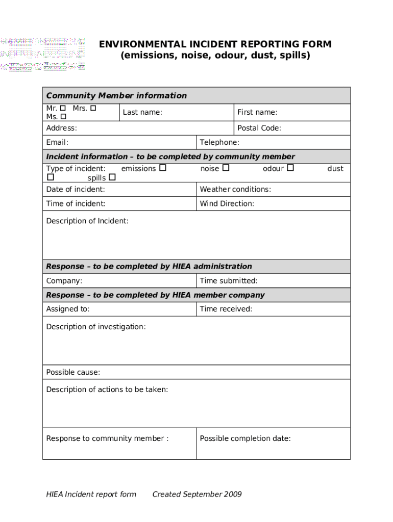 Environmental Incident Report Template  Form