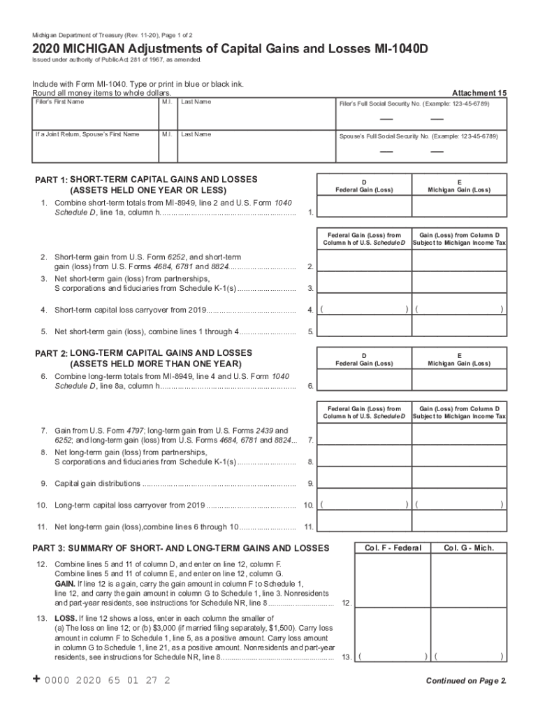  MICHIGAN Adjustments of Capital Gains and Losses MI 1040D MICHIGAN Adjustments of Capital Gains and Losses MI 1040D 2020