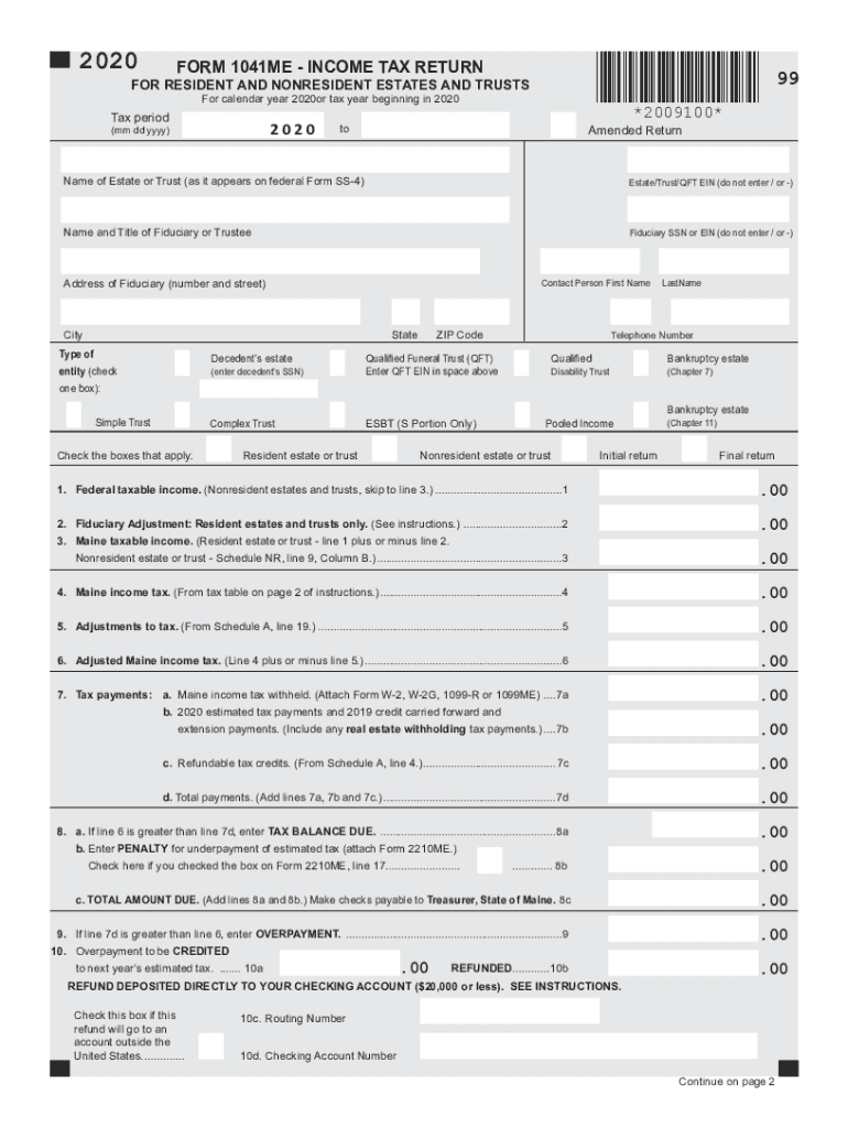  FORM 1041ME INCOME TAX RETURN for RESIDENT 2020