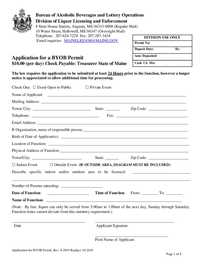  Application for a BYOB Permit $10 00 Per Day Check 2019-2024