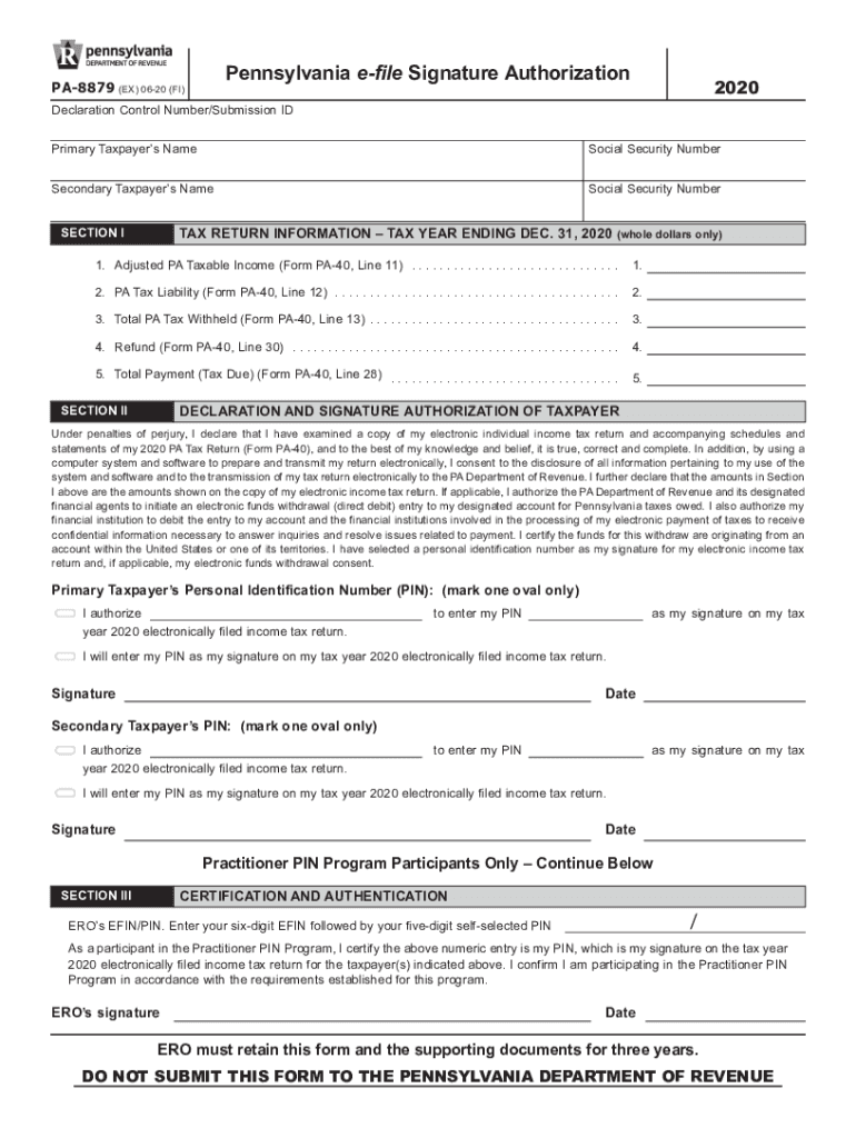  Pennsylvania E File Signature Authorization PA 8879 FormsPublications 2020