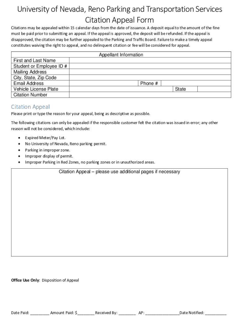 University of Nevada, Reno Parking and Transportation Services Citation Appeal Form