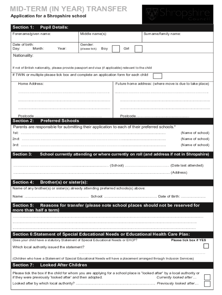 SCHOOL TRANSFER APPLICATION FORM Shropshire Learning Gateway