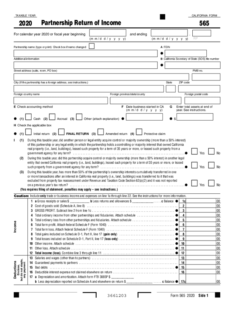  California Form 565 Partnership Return of Income California Form 565 Partnership Return of Income 2020