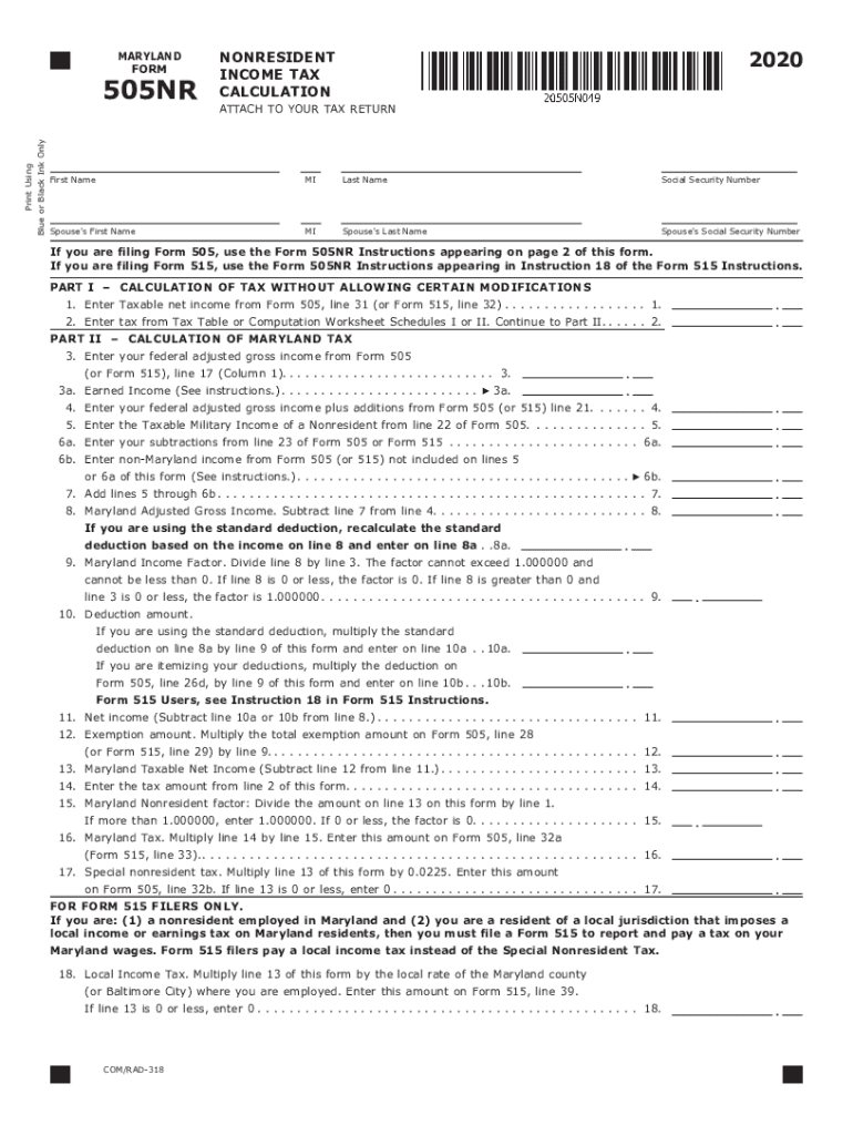  TY 505NR TAX YEAR 505NR INDIVIDUAL TAXPAYER FORM 2020