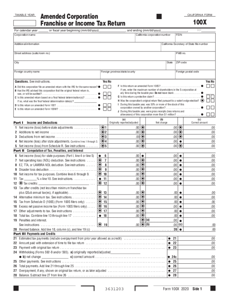  Form 100X Amended Corporation Franchise or Income Tax Return 2020