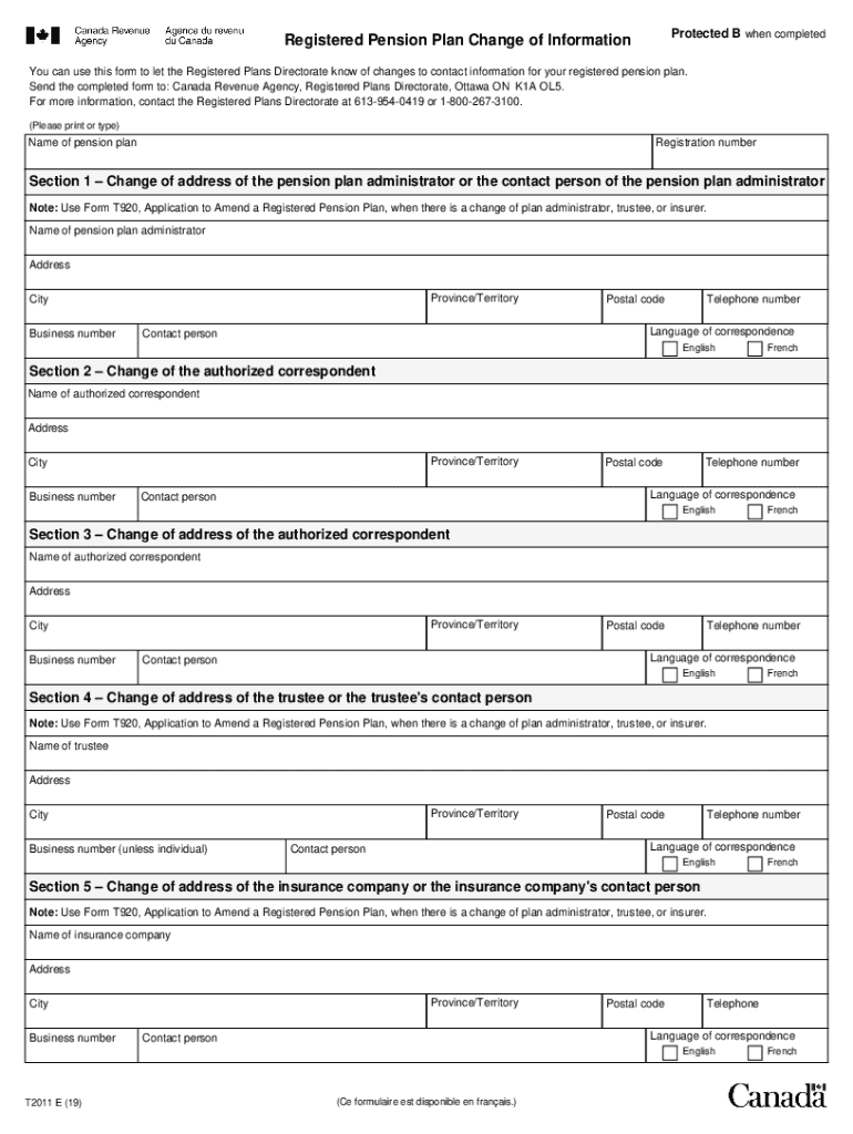  T2011 Registered Pension Plan Change of Information Form 2019-2024