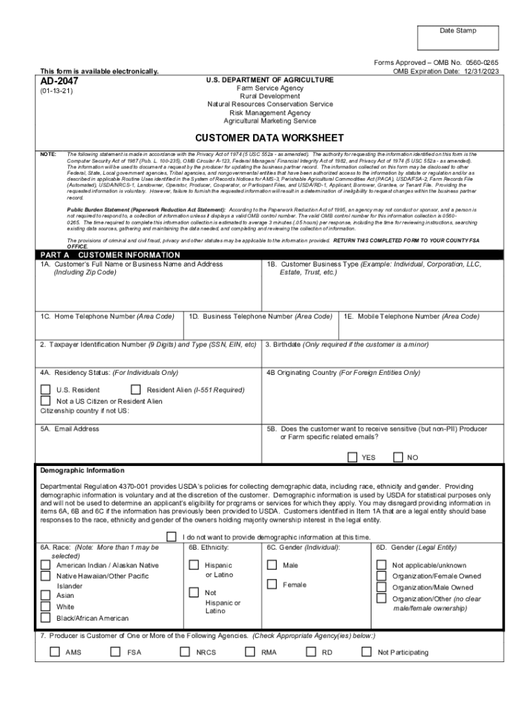 Get and Sign CUSTOMER DATA WORKSHEET REQUEST for Farm Service Agency 2021 Form