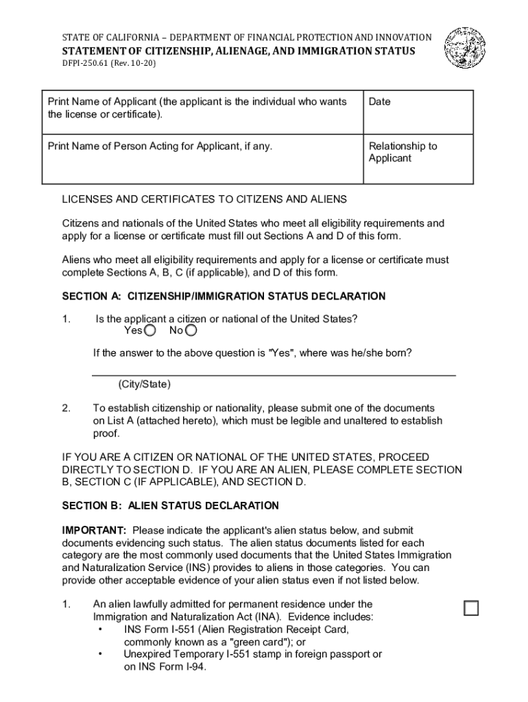  DFPI 250 61 Statement of Citizenship, Alienage, and Immigration Status 2020-2024