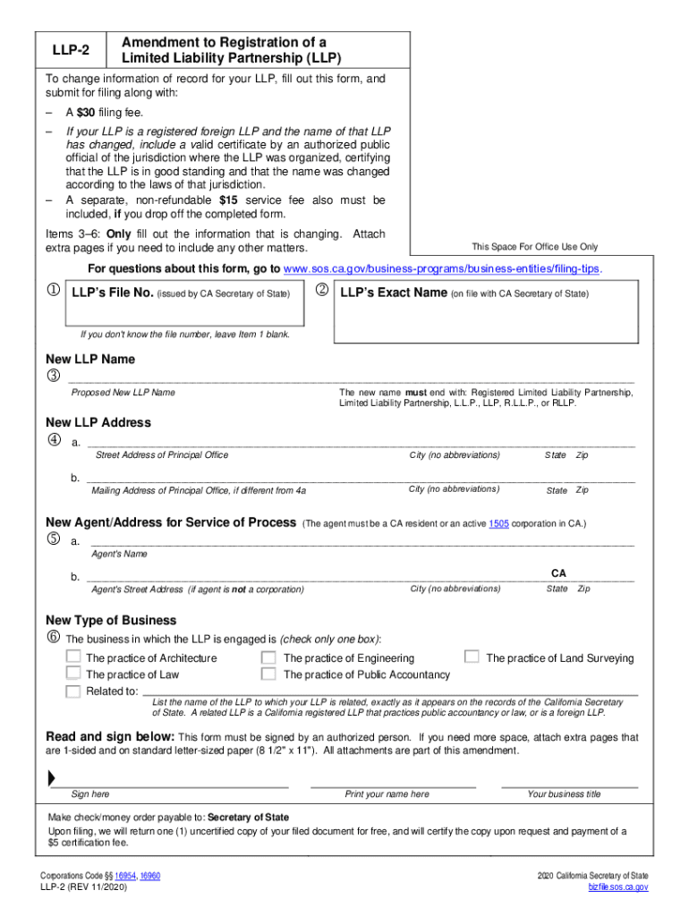  Form LLP 2 Amendment to Registration of a Limited Liability Partnership 2020-2024