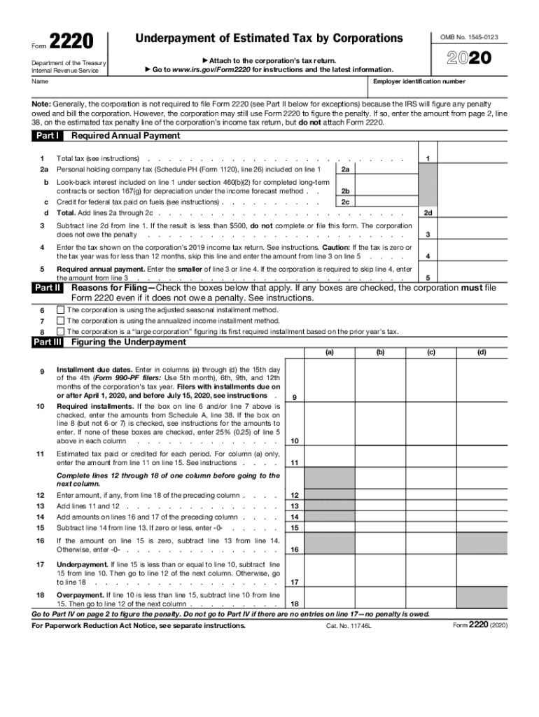  2220 Underpayment of Estimated Tax by Corporations Form 990 2020