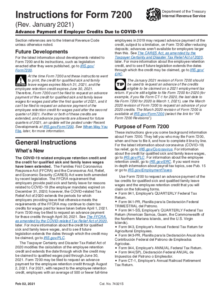  Instructions for Form 7200 Rev January Instructions for Form 7200, Advance Payment of Employer Credits Due to COVID 19 2021