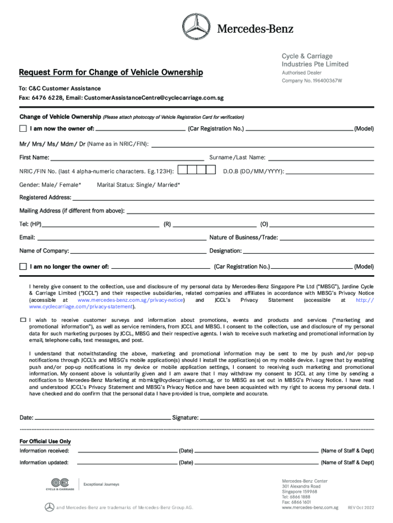  Request Form for Change of Vehicle Ownership 2022-2024