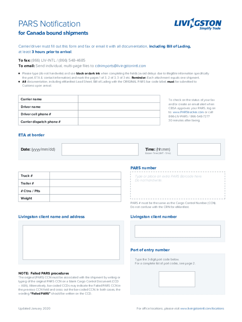 Canada Pars Notification for Canada Bound Shipments  Form