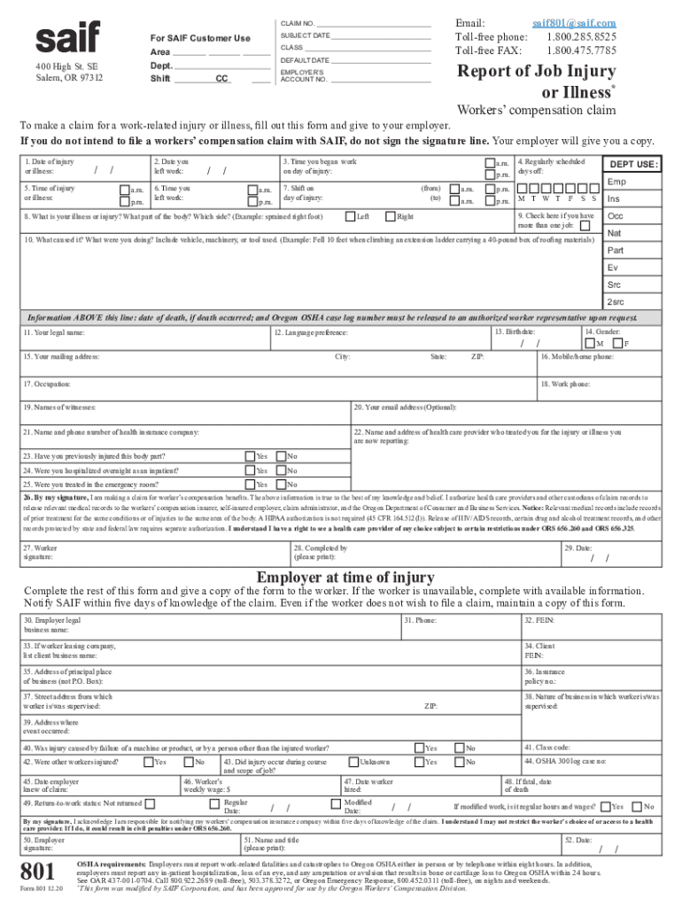  Report of Job Injury or Illness 801 Form X801 Form and Form 3283 2020-2024