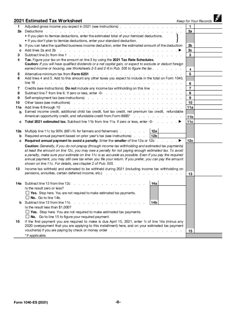  Form 1040 ES Form 1040 ES, Estimated Tax for Individuals 2021