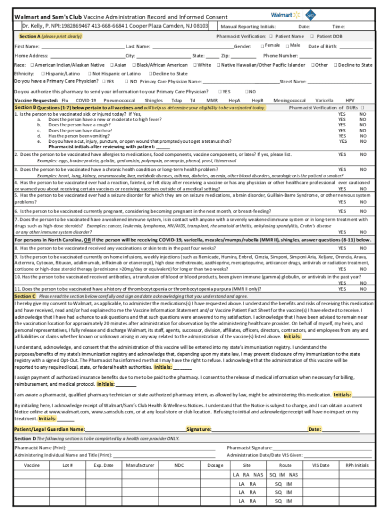 Walmart Covid 19 Vaccine Questionnaire and Consent Form