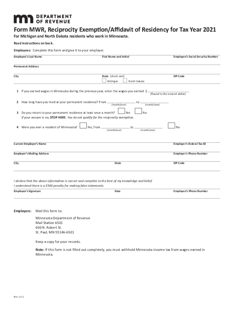  MWR, Reciprocity ExemptionAffidavit of Residency 2021