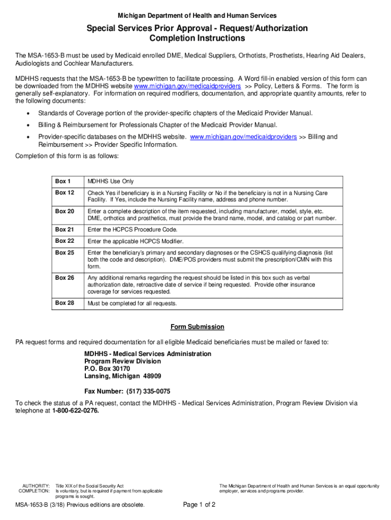  the MSA 1653 B Must Be Used by Medicaid Enrolled DME, Medical Suppliers, Orthotists, Prosthetists, Hearing Aid Dealers, 2018-2024