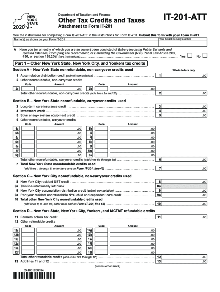  New York Form it 201 ATT Other Tax Credits and Taxes 2020