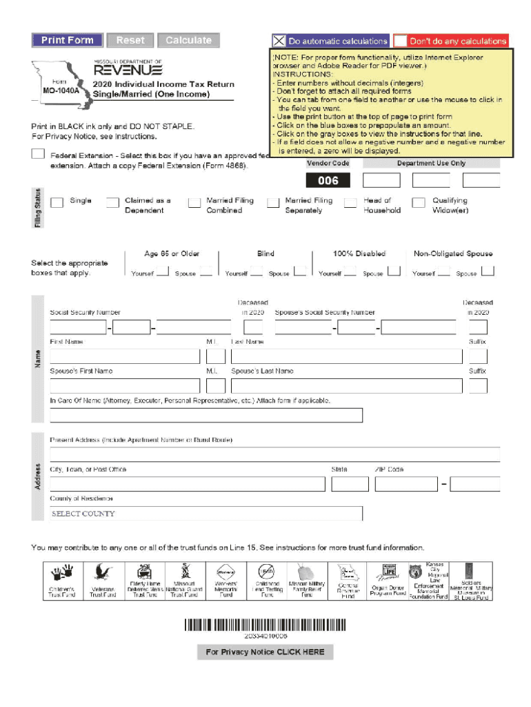  Form MO 1040A Forms and Manuals MO Gov 2020-2024