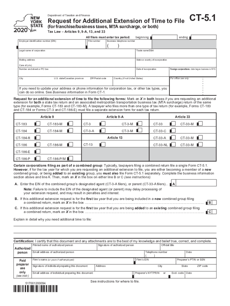  PDF Form CT 5 1 Request for Additional Extension of Time to File for 2020
