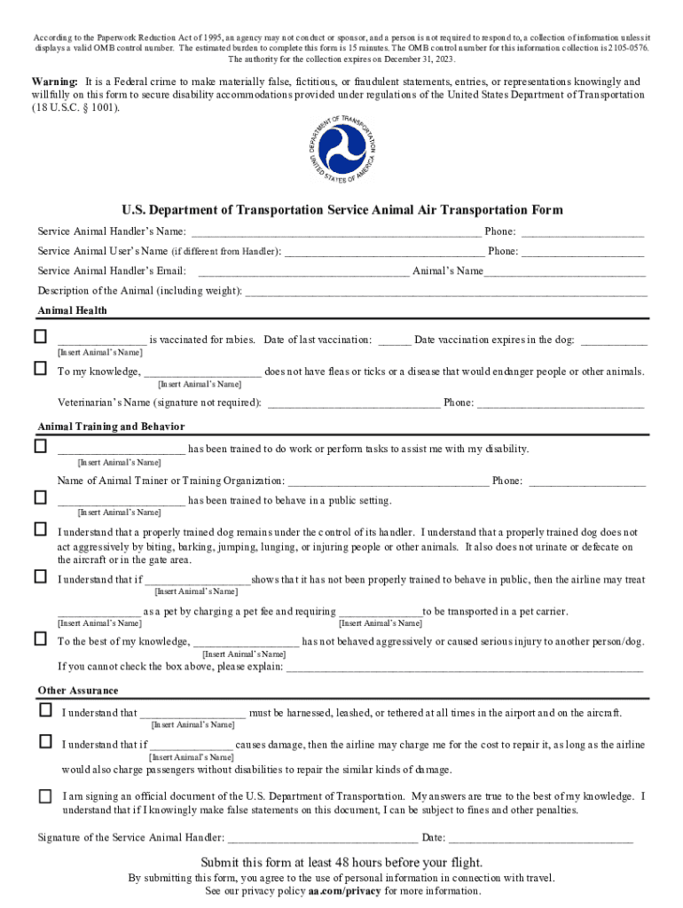  Dot Service Animal Air Transportation Form 2020