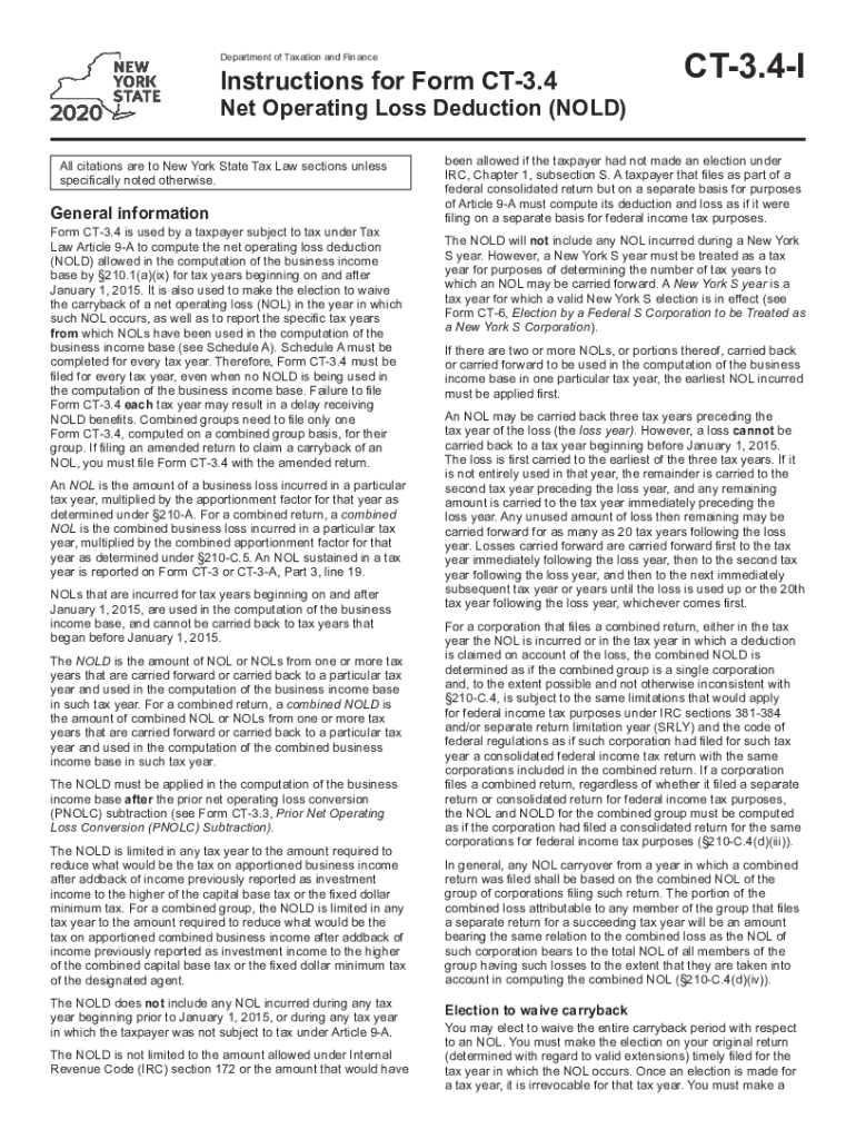  Instructions for Form CT 3 4 Net Operating Loss Deduction NOLD Tax Year 2020