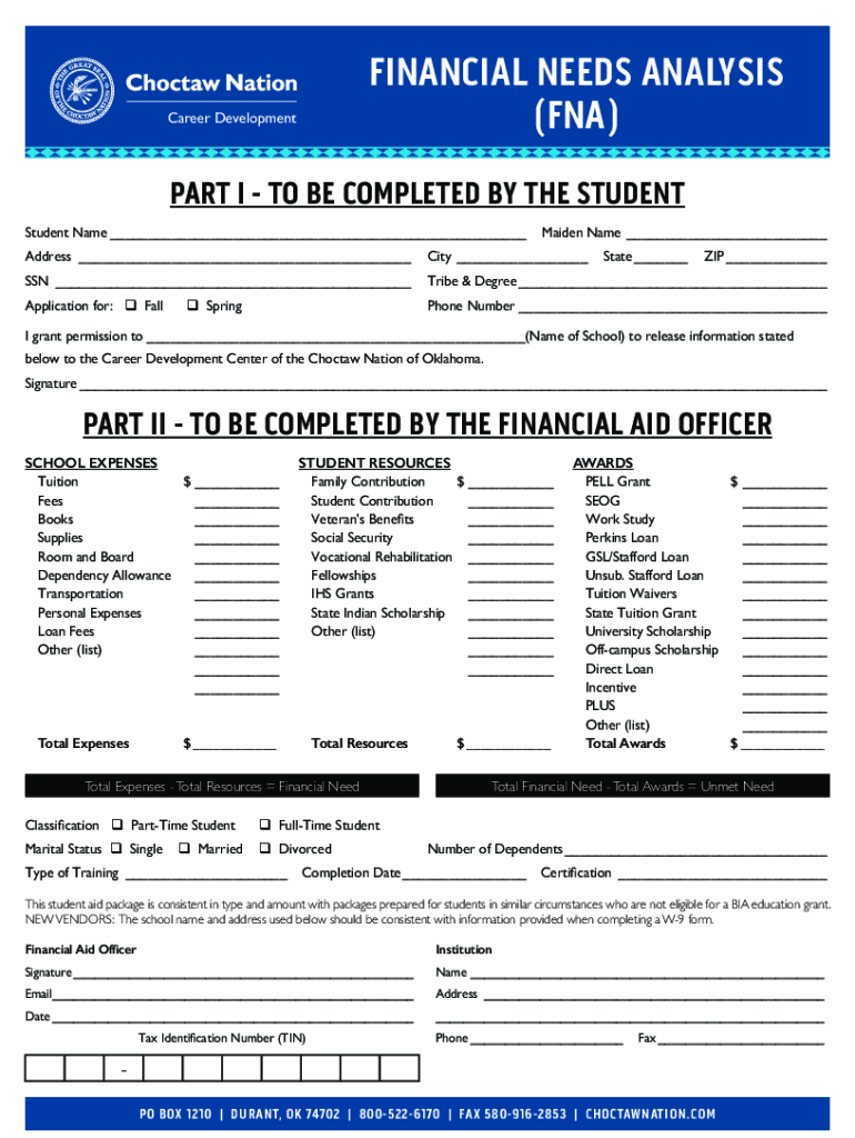 FINANCIAL NEEDS ANALYSIS FNA Choctaw Nation  Form