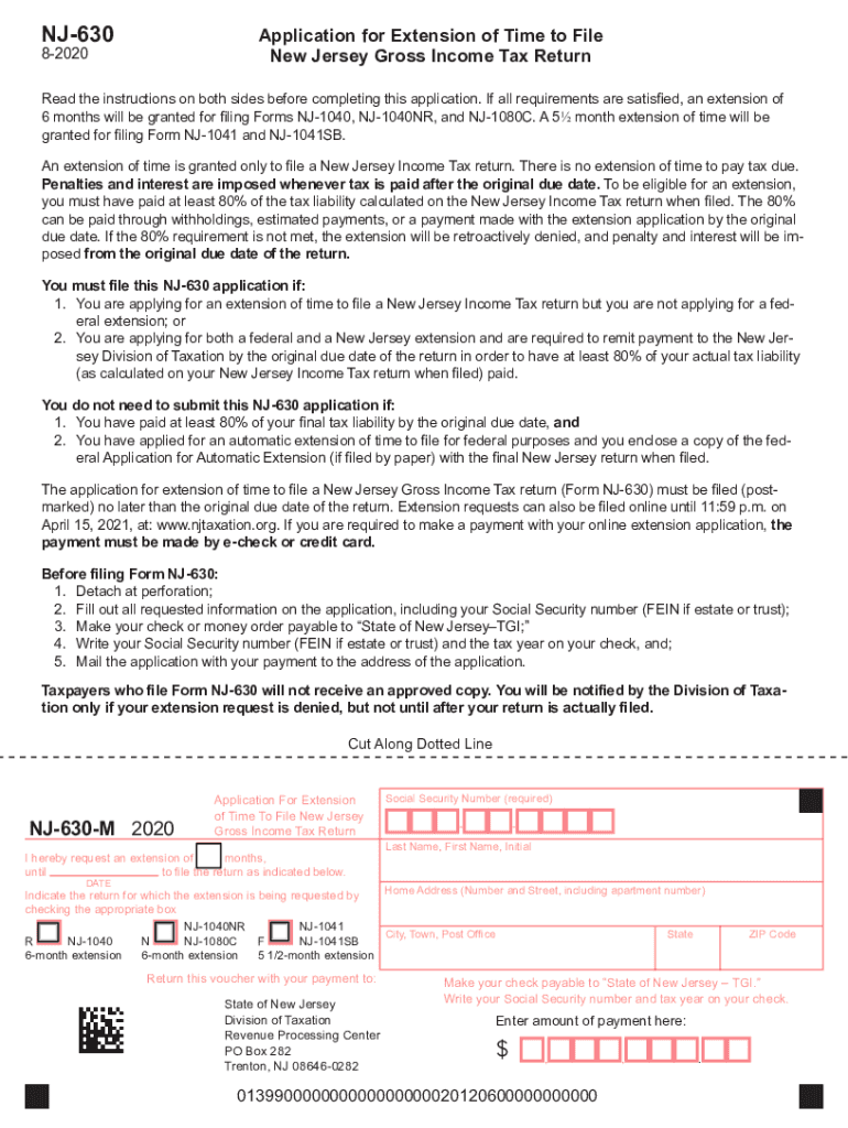  Application for Extension of Time to File, Form NJ 630 2020