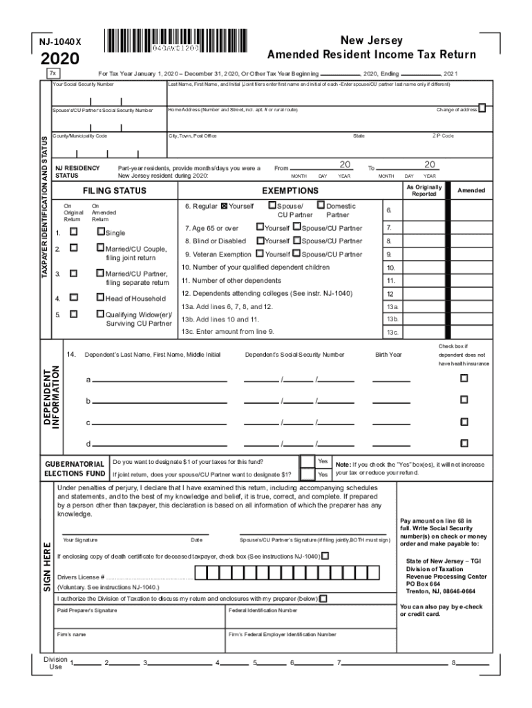 Get and Sign New Jersey Amended Resident Income Tax Return, Form NJ 1040X New Jersey Amended Resident Income Tax Return, Form NJ 1040X 2020