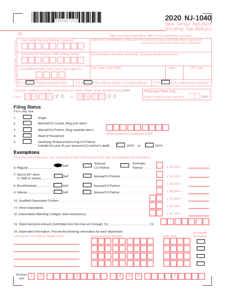  New Jersey Tax Forms Printable State NJ 1040 Form 2020